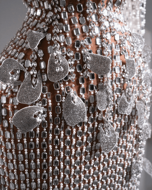 Delea Silver Long Dress with Crystals and Flowers - BLINI