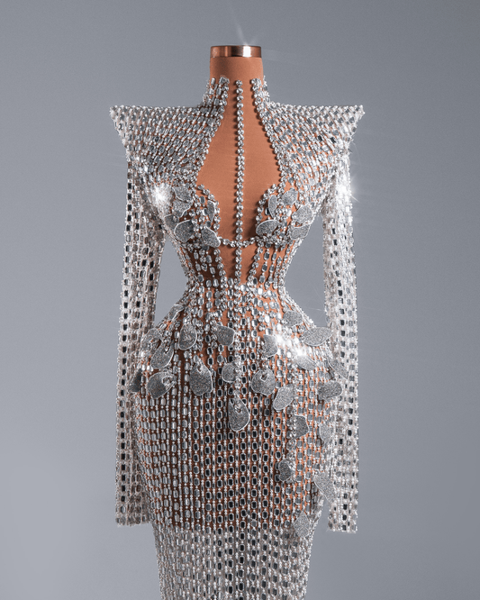 Delea Silver Long Dress with Crystals and Flowers - BLINI