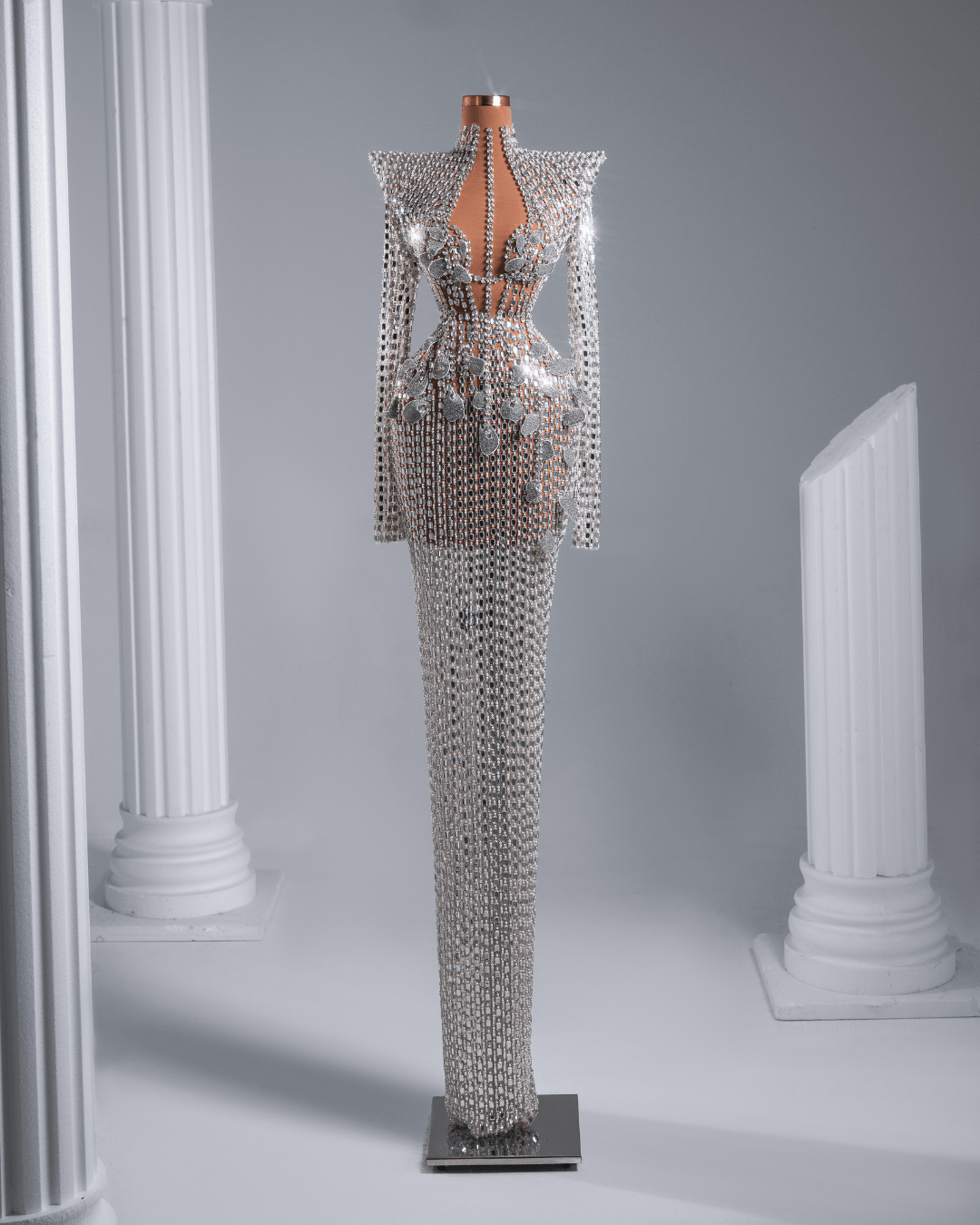 Delea Silver Long Dress with Crystals and Flowers - BLINI