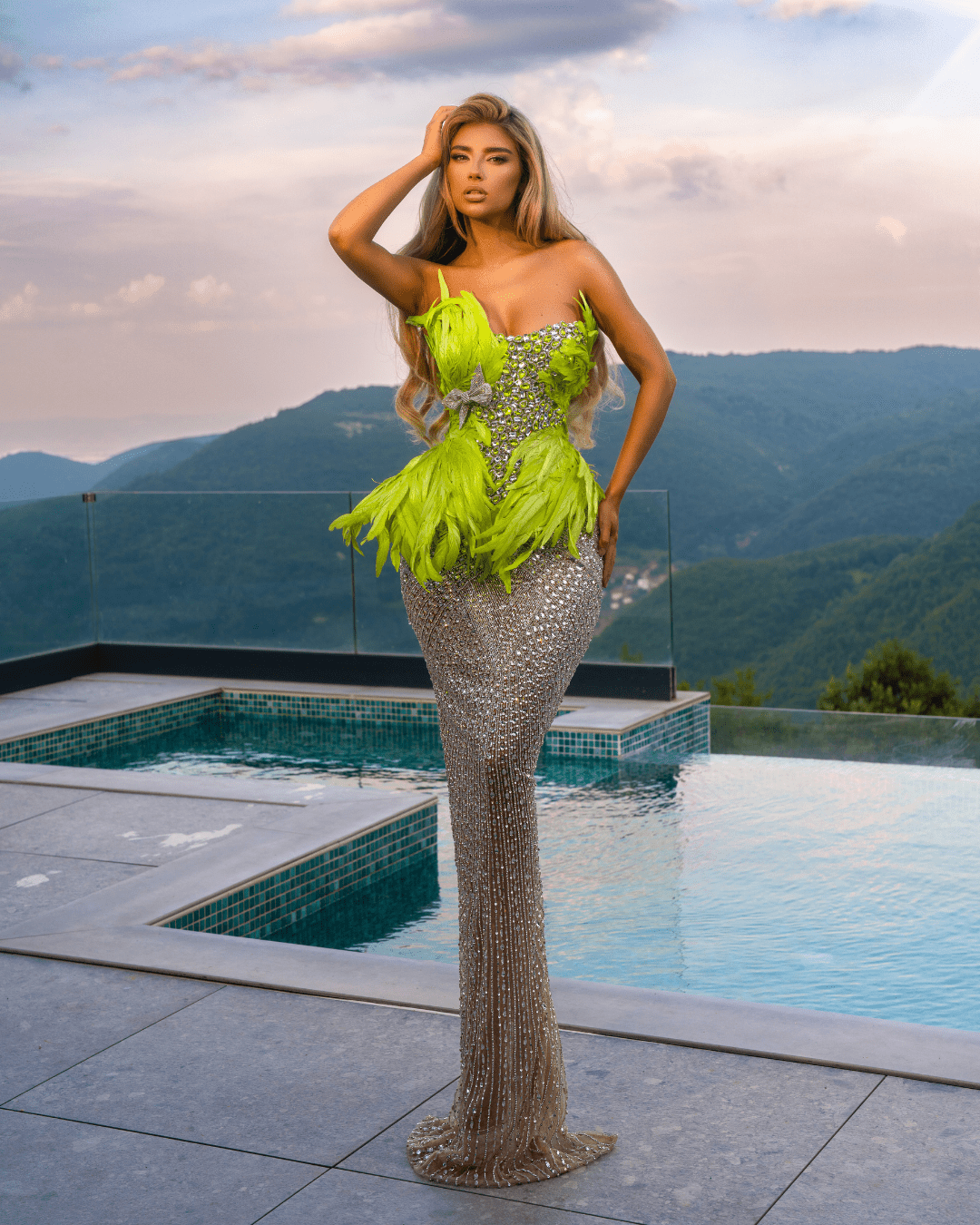 Deore Green Dress with Feathers and Crystals - BLINI