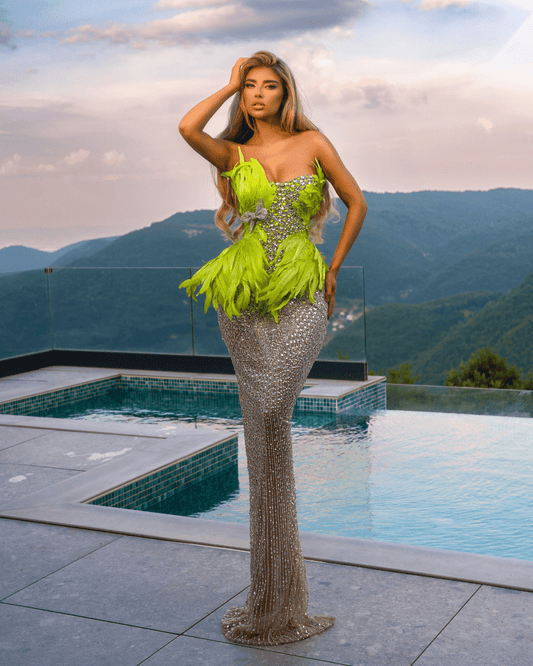 Deore Green Dress with Feathers and Crystals - BLINI