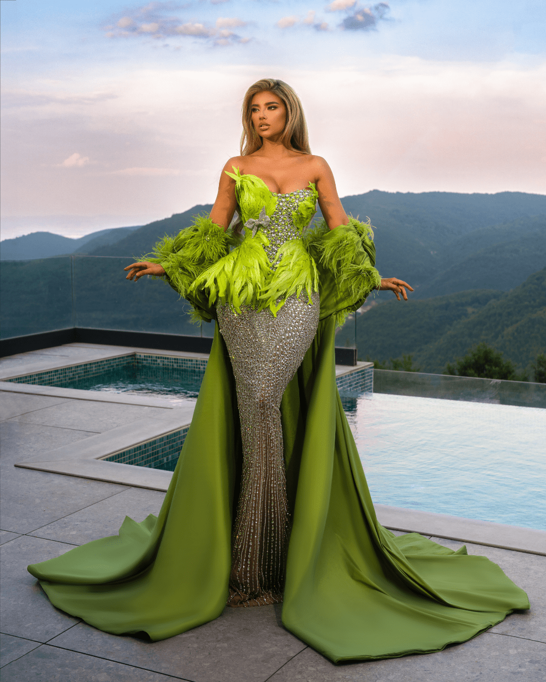 Deore Green Dress with Feathers and Crystals - BLINI