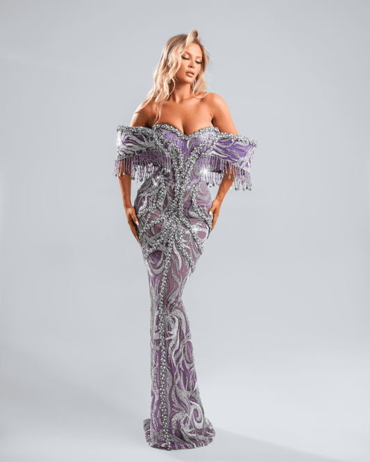 Egnese Purple Dress, Off Shoulder with Crystals - BLINI