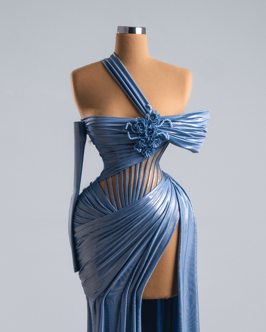 Elea Blue Metallic Long Dress with Flowers - BLINI