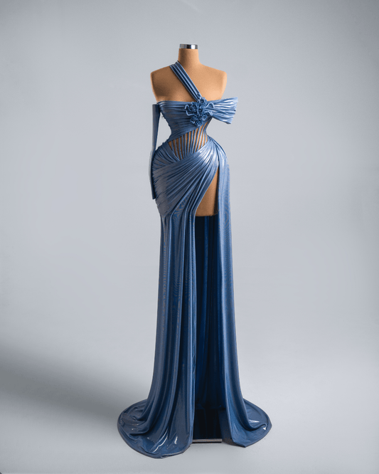 Elea Blue Metallic Long Dress with Flowers - BLINI