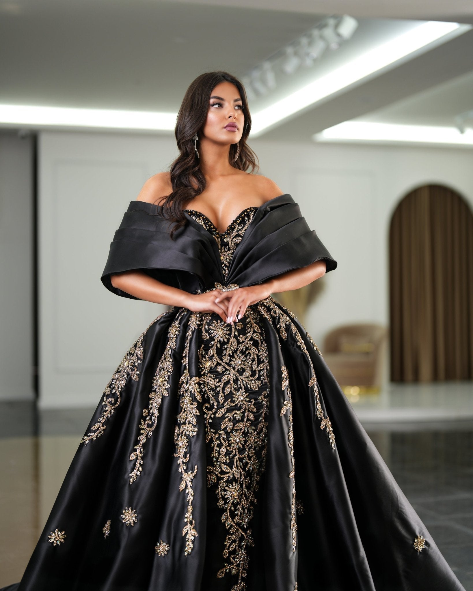 Elia Off - Shoulder Dress with Majestic Overskirt and Glittering Stones - BLINI
