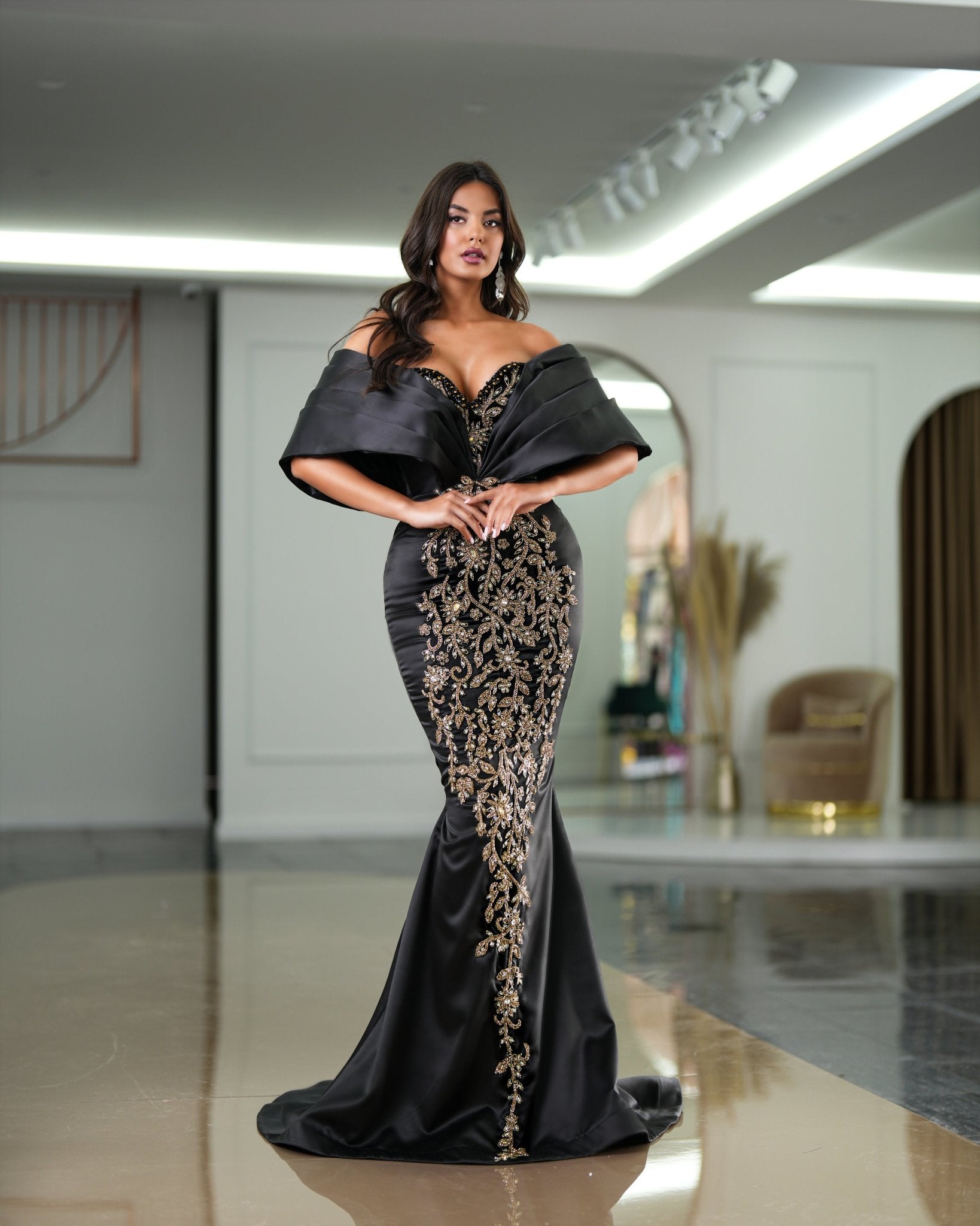 Elia Off - Shoulder Dress with Majestic Overskirt and Glittering Stones - BLINI