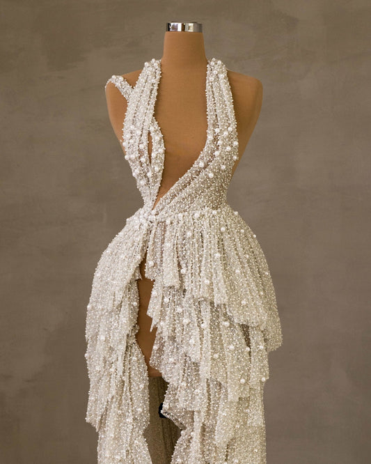 Éliane Bridal Dress with Pearls and Deep Slit - BLINI