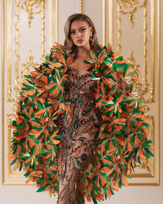 Elisha Sleeveless Dress with Feathers Cape - BLINI