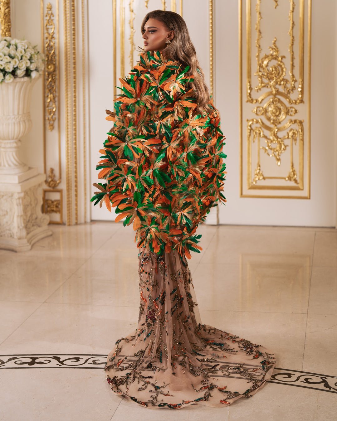 Elisha Sleeveless Dress with Feathers Cape - BLINI