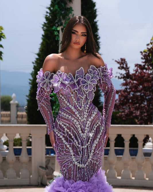 Ellie Purple Dress with Off Shoulder Design - BLINI