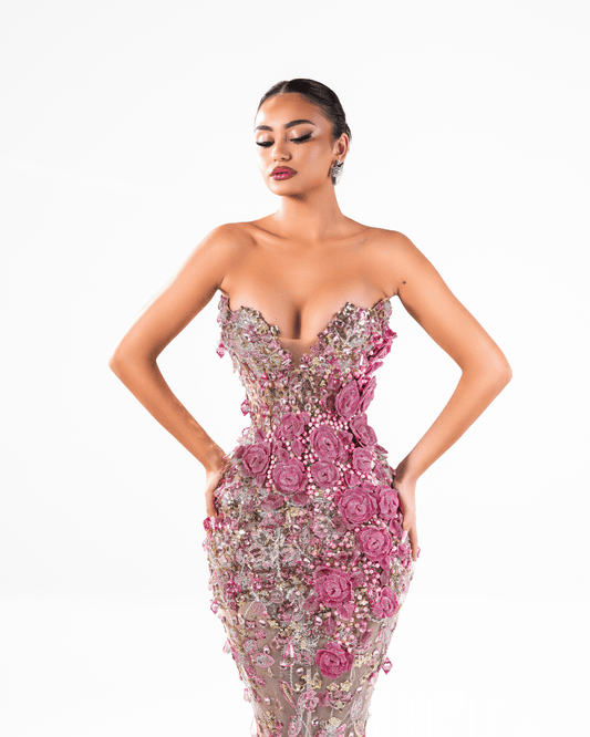 Elmara Pink Long Sleeveless Dress with Crystals and Feathers - BLINI