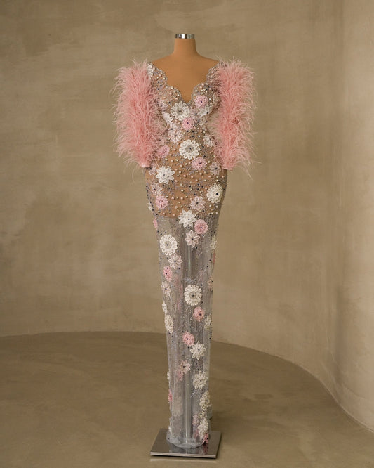 Elvyrha Feather Dress with Flowers - BLINI