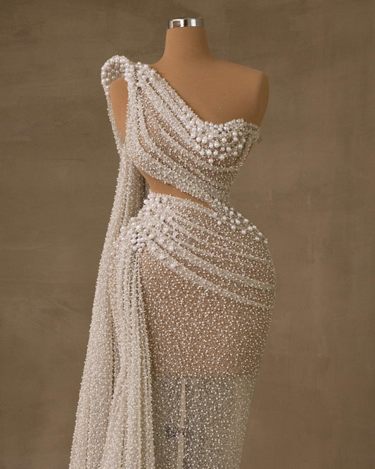 Élyane Bridal Dress with Pearls and Side Cape - BLINI