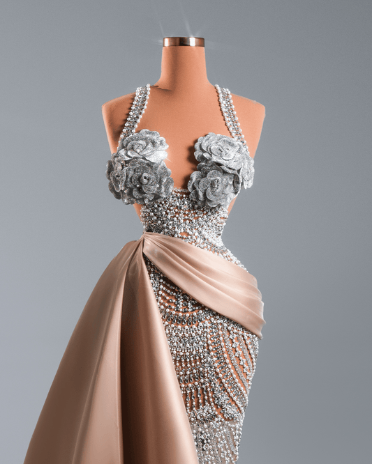 Emare Nude Long Dress with Flowers and Side Cape - BLINI