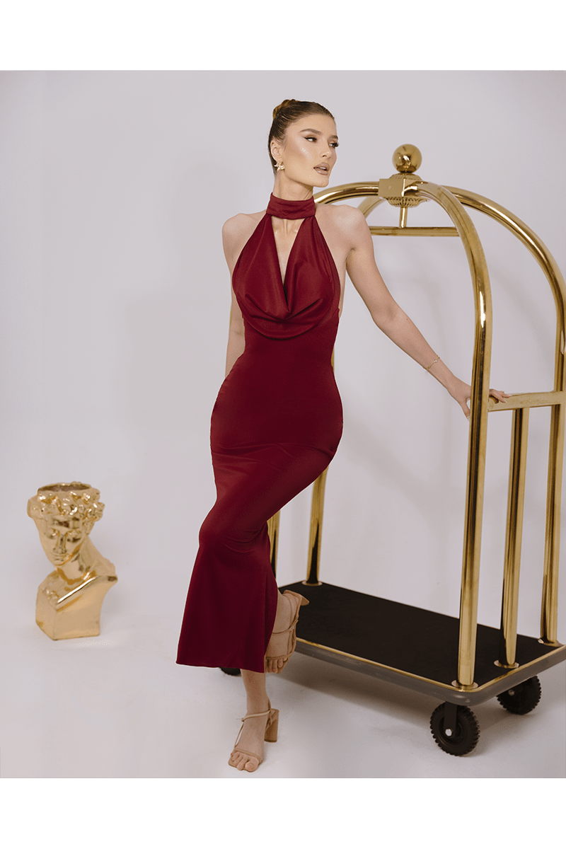 Ember Red Long Dress, Neck Cut Out With Scuba Crepe Fabric - BLINI