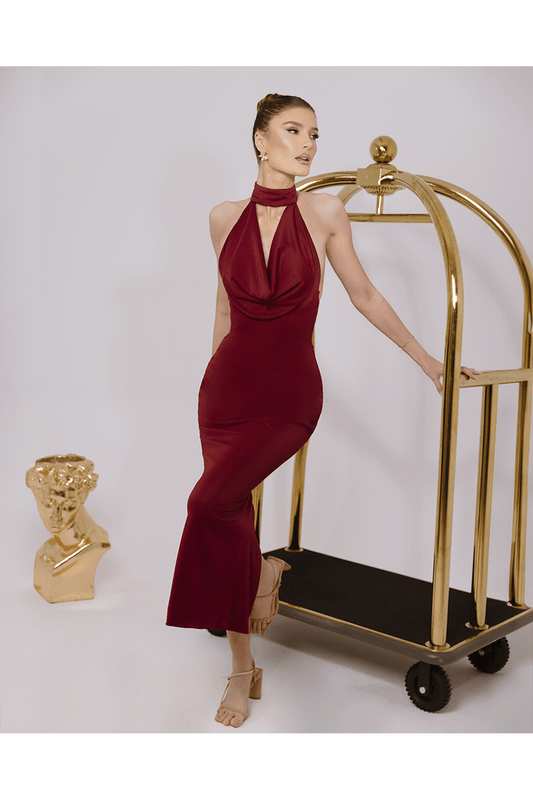 Ember Red Long Dress, Neck Cut Out With Scuba Crepe Fabric - BLINI