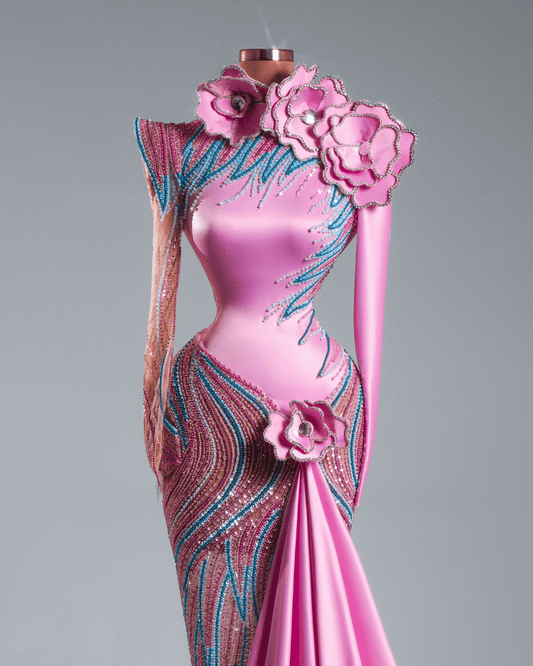 Emela Pink Long Dress with Side Cape and Flowers - BLINI