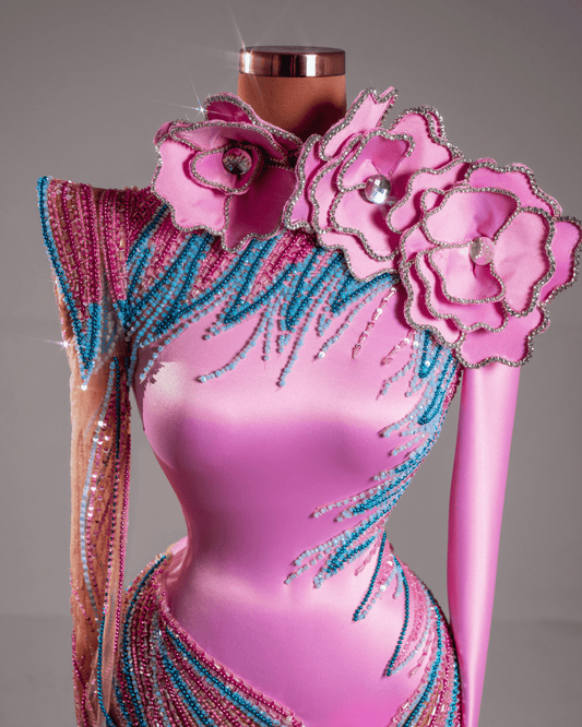 Emela Pink Long Dress with Side Cape and Flowers - BLINI