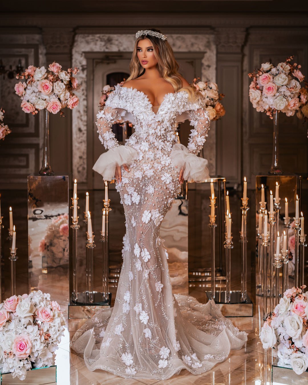 Emelie Bridal Dress with Pearls and Flowers - BLINI