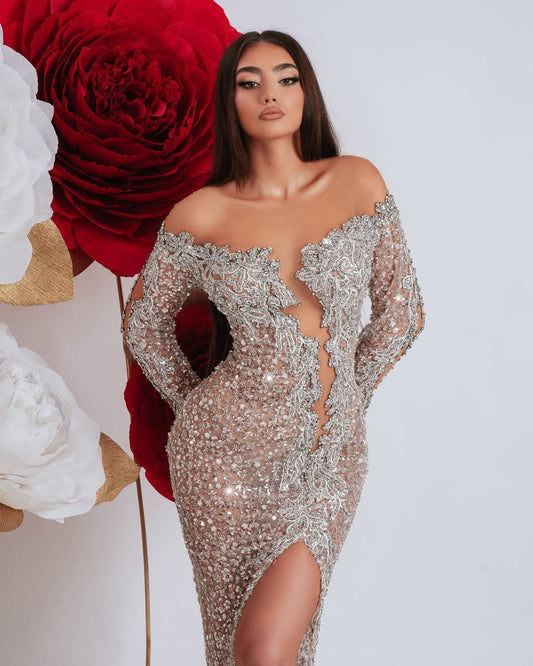 Emméline Off Shoulder Dress with Sparkle and Crystals - BLINI