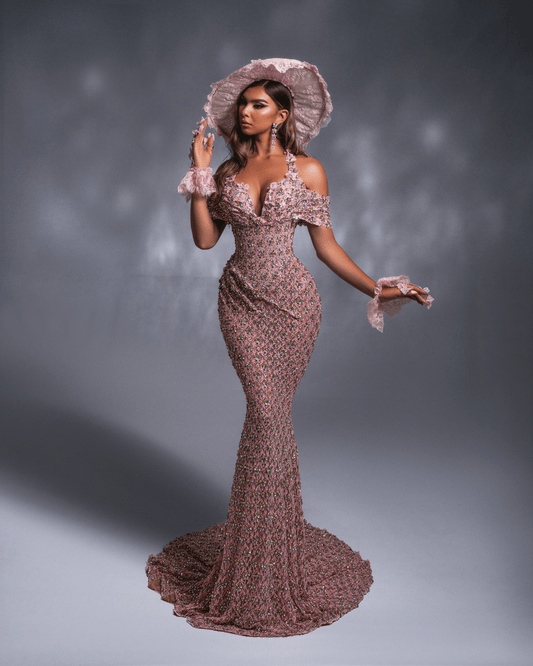 Enesya Pink Long Dress with Fedora Style Hat and Gloves - BLINI