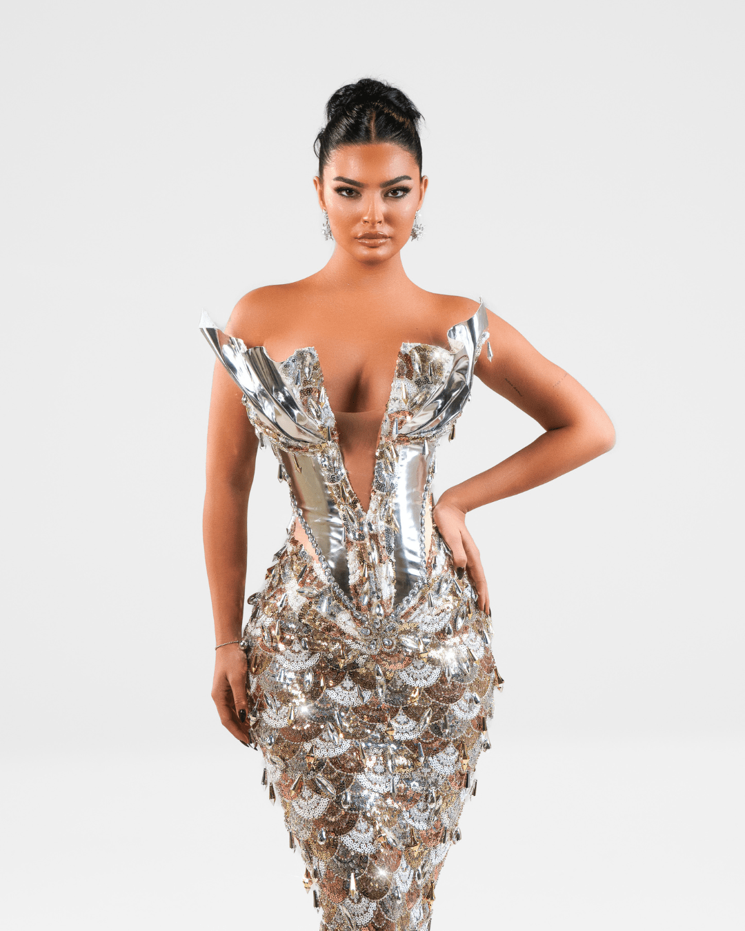 Enyese Gold Long Sleeveless Dress with Crystals and Metallic Leather - BLINI