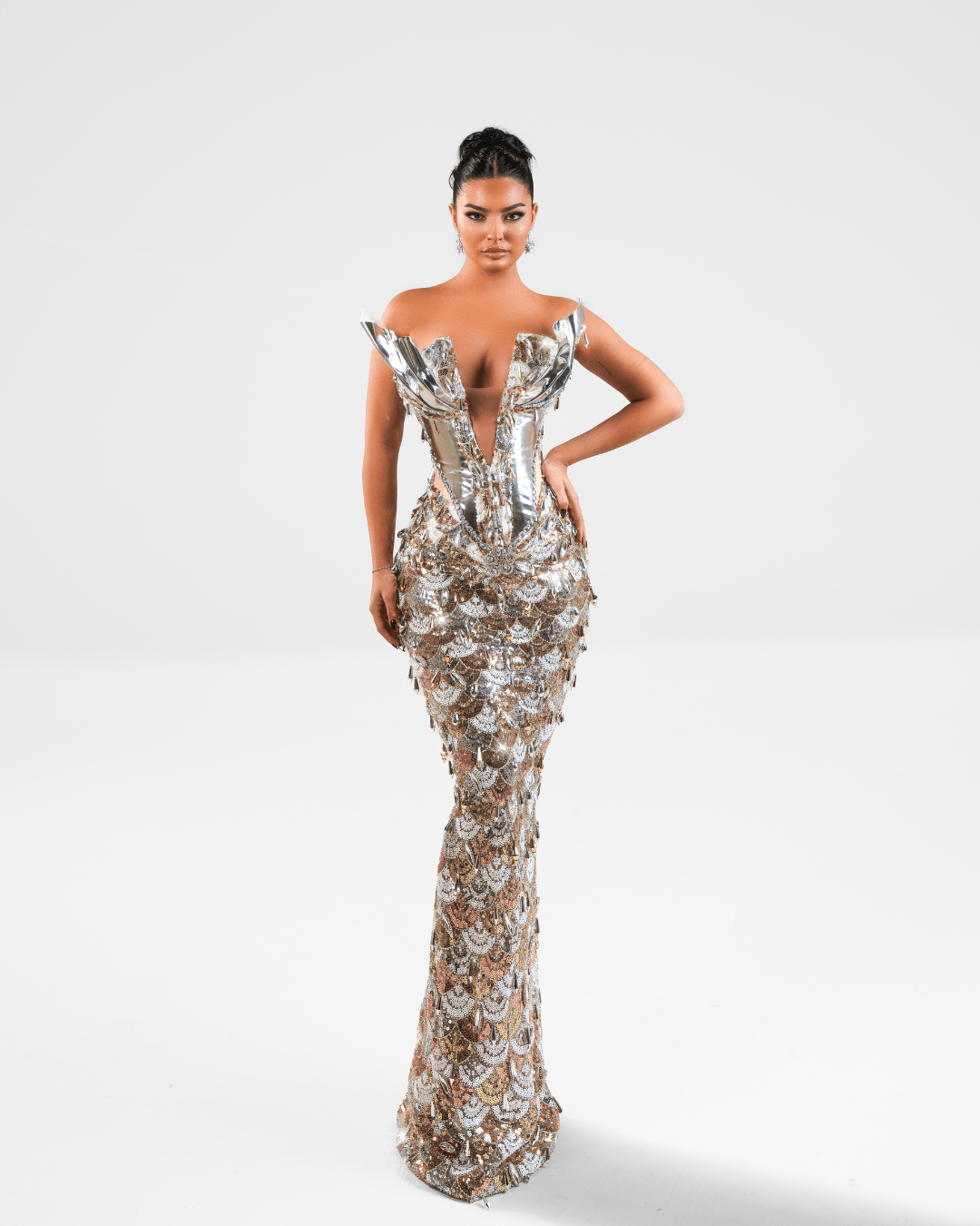 Enyese Gold Long Sleeveless Dress with Crystals and Metallic Leather - BLINI