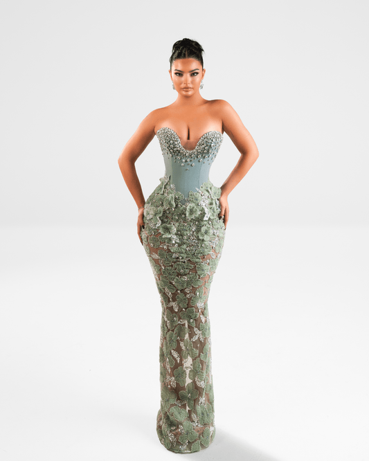Ereya Green Long Sleeveless Dress with Crystals and Flowers - BLINI