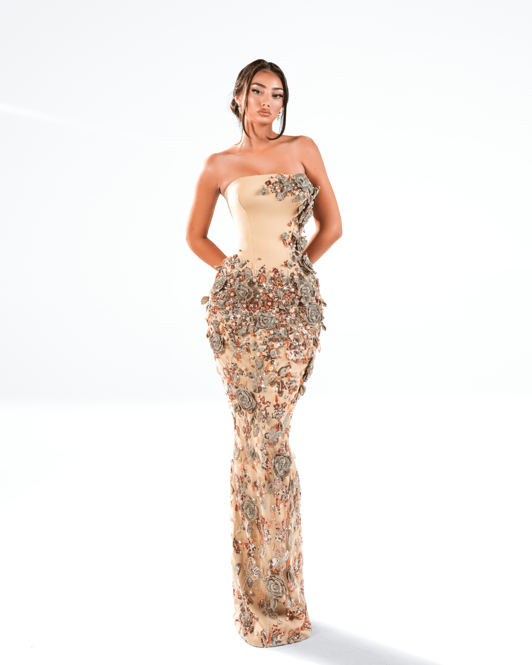 Eroea Nude Long Sleeveless Dress with Crystals and Flowers - BLINI