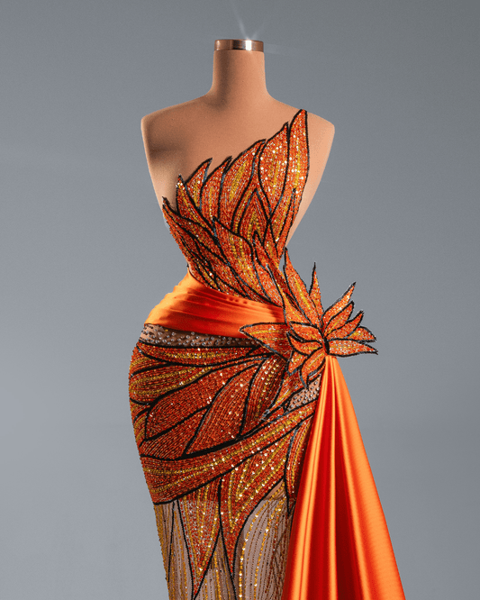 Esmera Orange Sleeveless Long Dress with Side Cape - BLINI