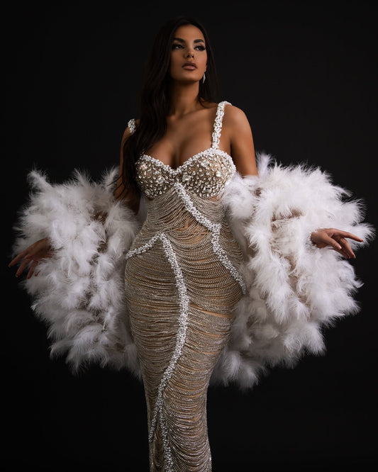 Eszter Silver Dress with Tassels and Feathered Cape - BLINI