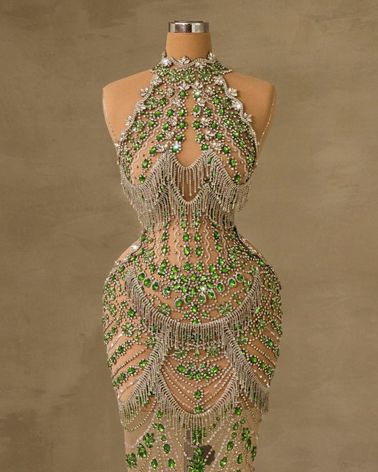 Evangelinea High Neck Dress Embellished with Rhinestones - BLINI