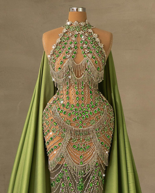 Evangelyne Rhinestone Dress with Green Cape - BLINI