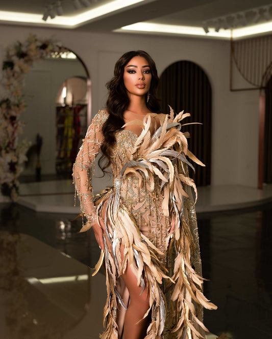 Felinia Beige Dress Embellished with Feathers - BLINI