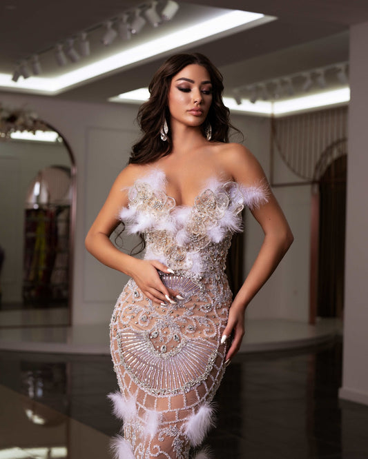 Ferina Sleeveless Dress with Exquisite Feather Embellishments - BLINI