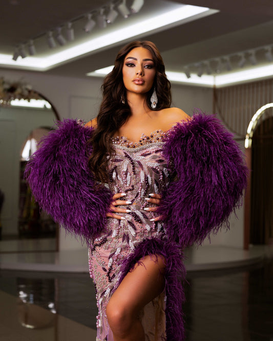 Fione Deep Slit Dress Adorned with Feather Embellishments - BLINI