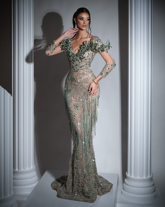 Flavie Silver Dress with Green Crystals and Tassels - BLINI