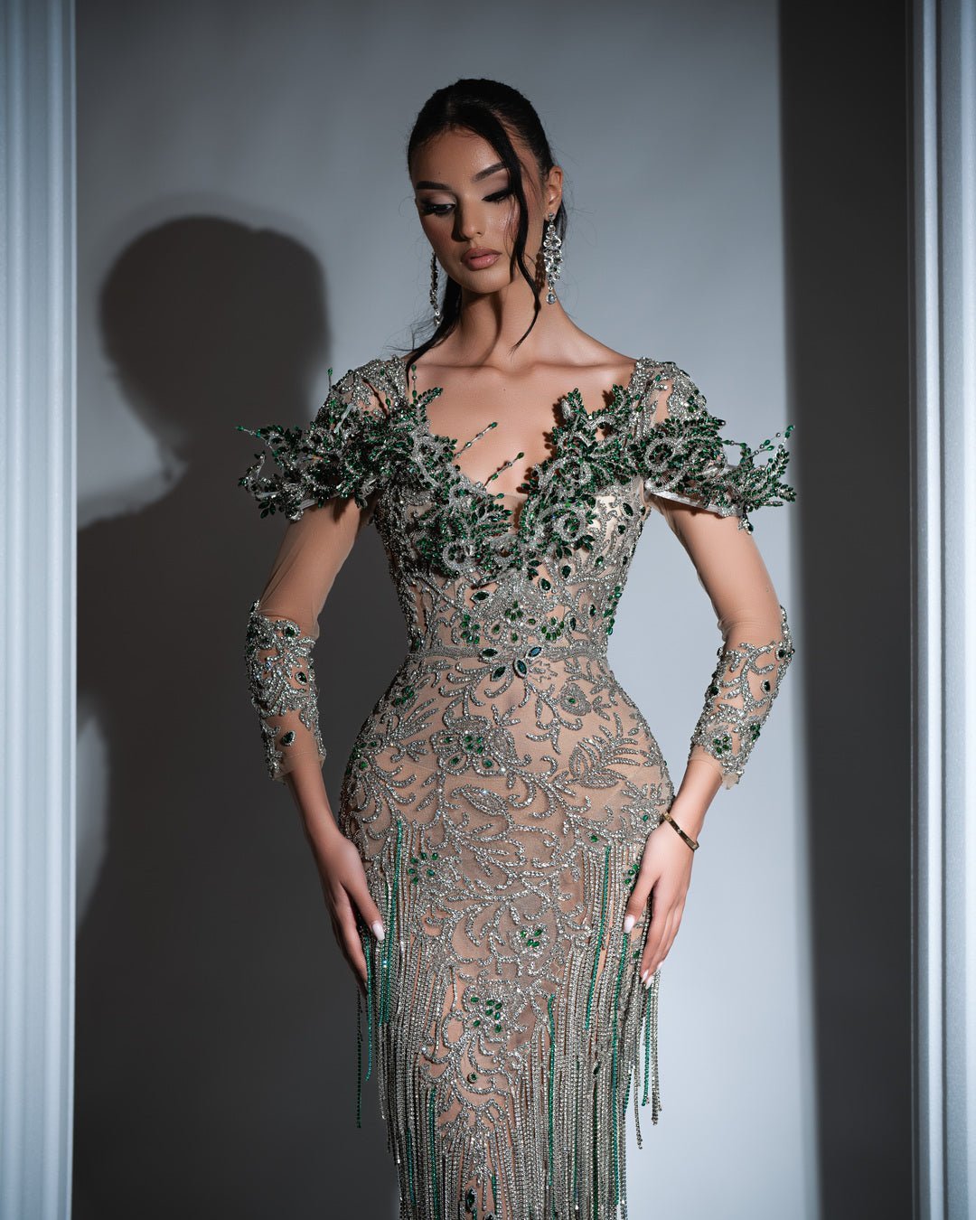 Flavie Silver Dress with Green Crystals and Tassels - BLINI