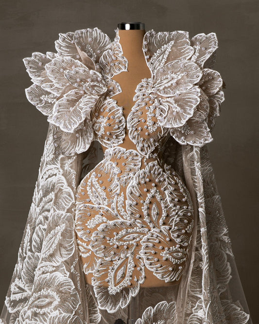 Flawssie Bridal Dress with Cape and Pearls - BLINI
