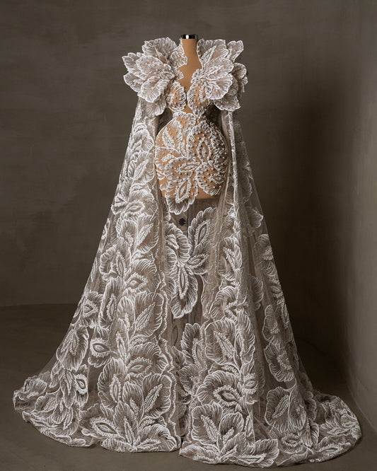 Flawssie Bridal Dress with Cape and Pearls - BLINI