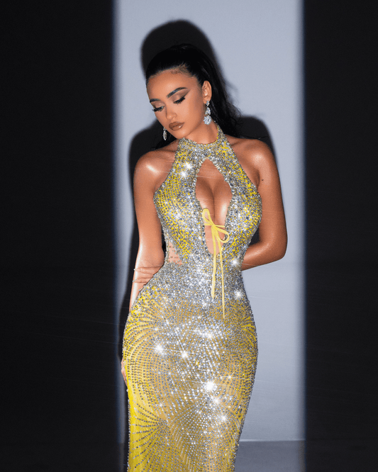 Florele Sleeveless Yellow Dress with Cut - Outs and Crystals - BLINI