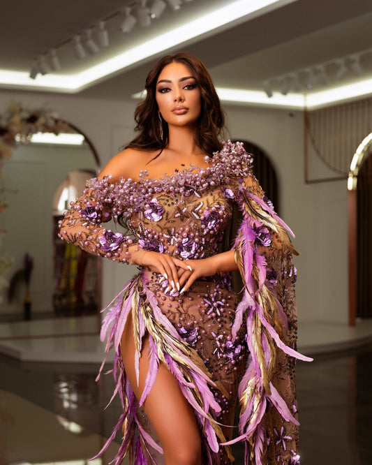 Florisia Purple Dress Embellished with Feathers - BLINI