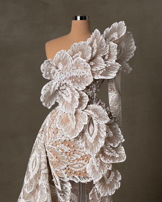 Flossie One Shoulder Bridal Dress Embellished with Pearls - BLINI