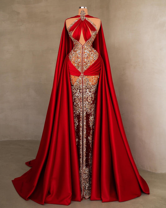 Fynela Red Dress Embellished with Stones and Cape - BLINI