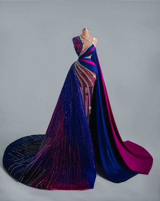 Ganea Pink and Blue Dress with Side Capes - BLINI