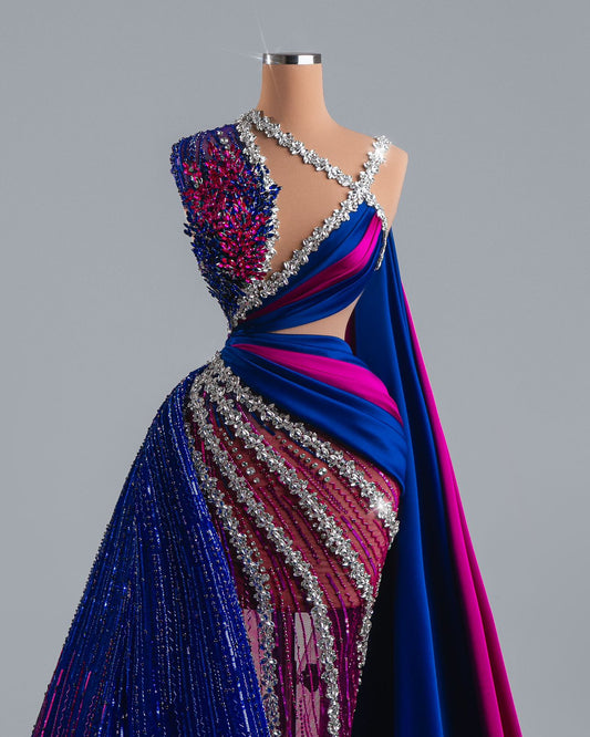 Ganea Pink and Blue Dress with Side Capes - BLINI