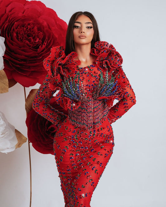 Giorgia Red Dress with Stones and Beads - BLINI