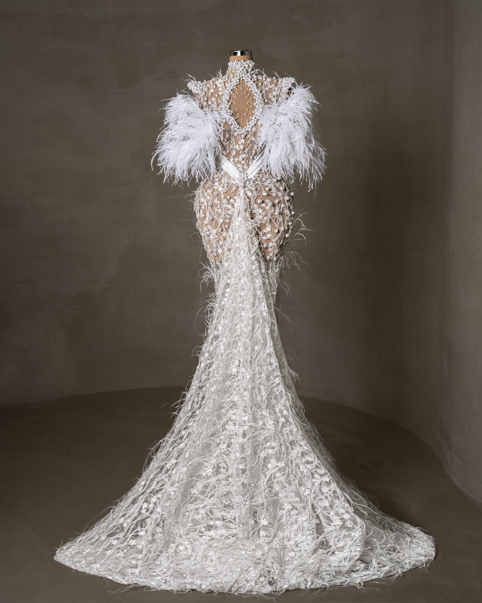 Glamoria Bridal Dress Embellished with Feathers and Pearls - BLINI