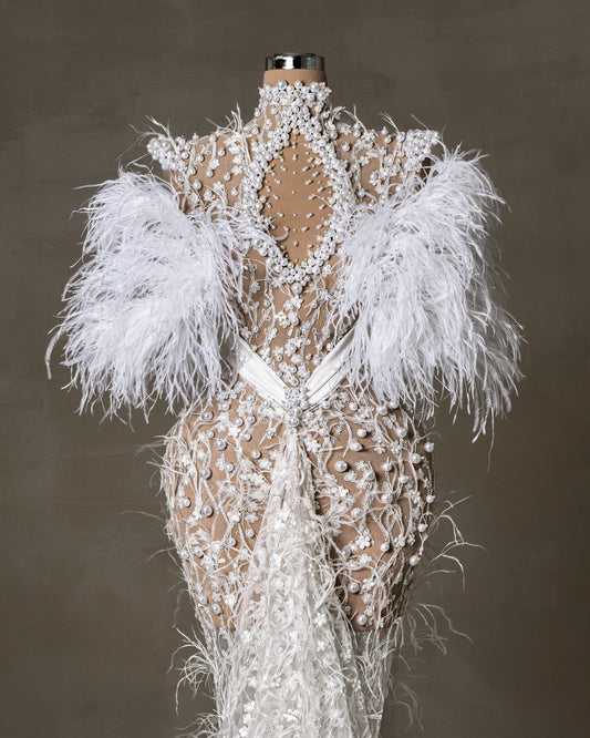 Glamoria Bridal Dress Embellished with Feathers and Pearls - BLINI